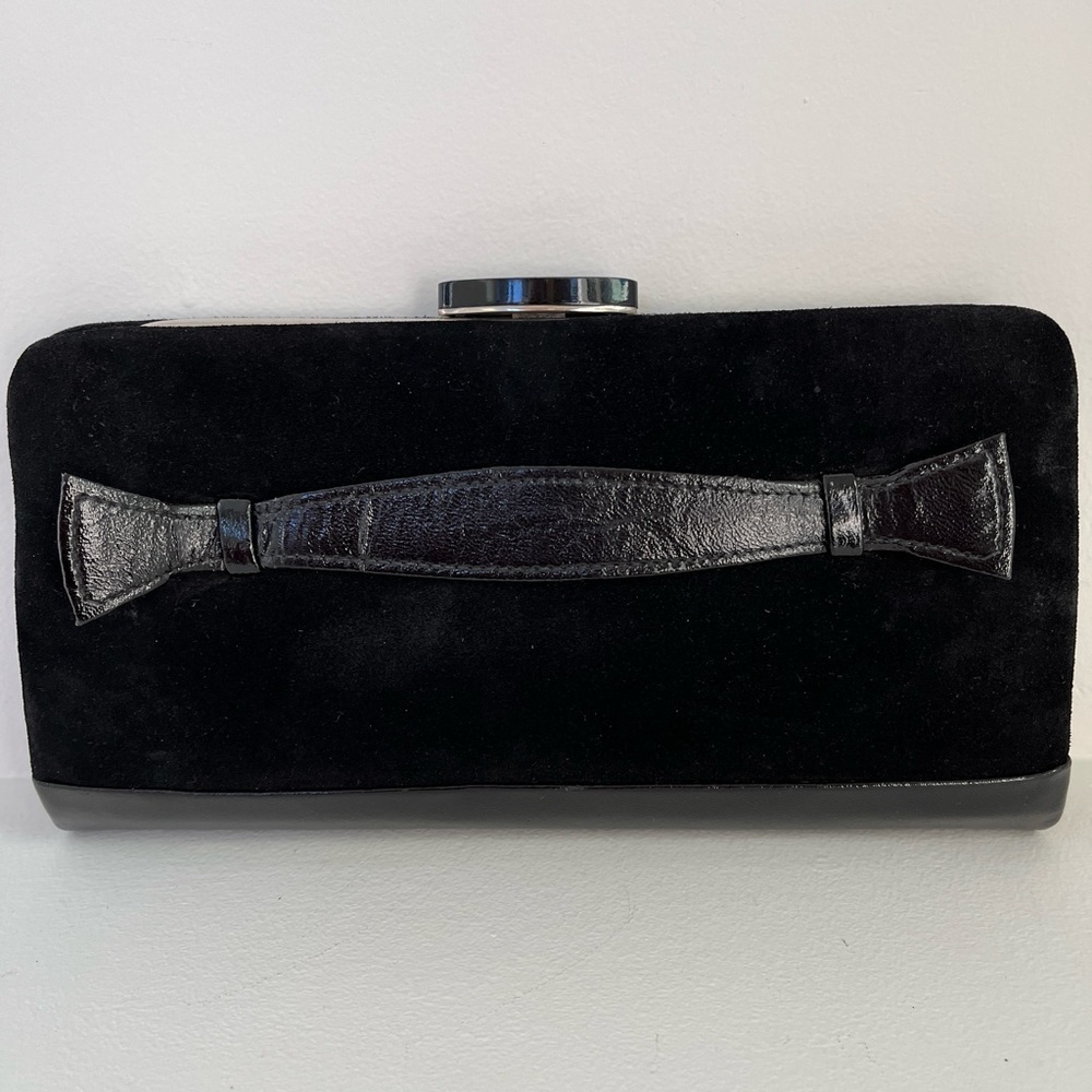 VINTAGE Black Suede Leather Clutch Bag Frame Style Top Clasp Occasion Event Chic